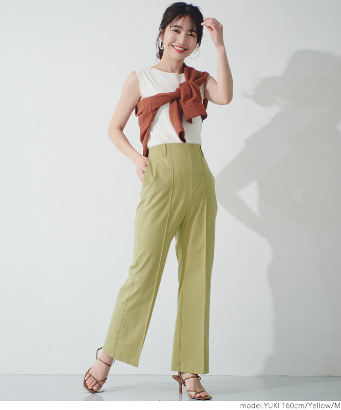 HB4★値下げ★1990→990円【メール便不可】フレアパンツ レディース ハイウエスト ウエストゴム ロング丈 アンクル丈 センターシーム ポケット 麻調 無地 M/L 21ss coca コカ