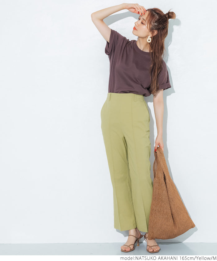 HB4★値下げ★1990→990円【メール便不可】フレアパンツ レディース ハイウエスト ウエストゴム ロング丈 アンクル丈 センターシーム ポケット 麻調 無地 M/L 21ss coca コカ