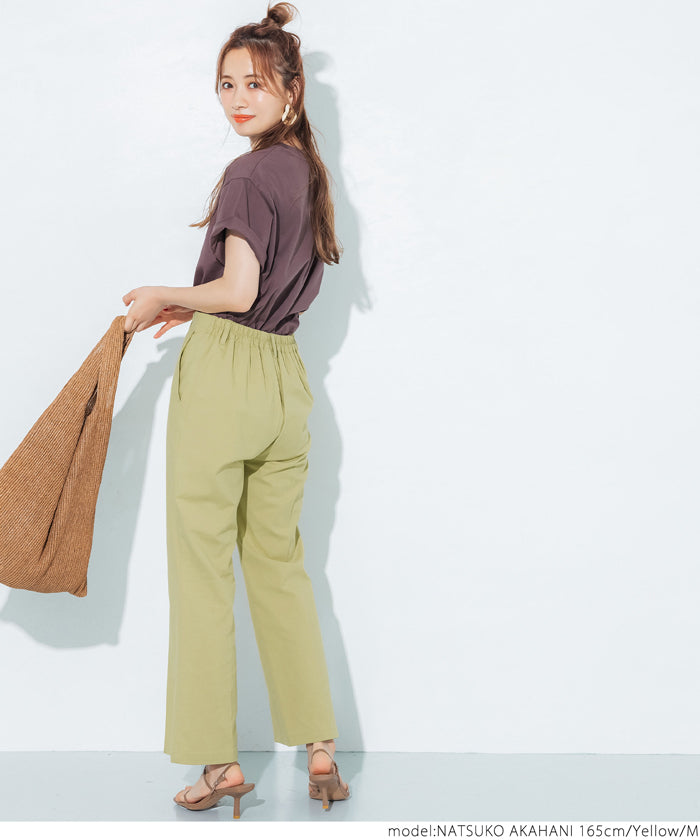 HB4★値下げ★1990→990円【メール便不可】フレアパンツ レディース ハイウエスト ウエストゴム ロング丈 アンクル丈 センターシーム ポケット 麻調 無地 M/L 21ss coca コカ