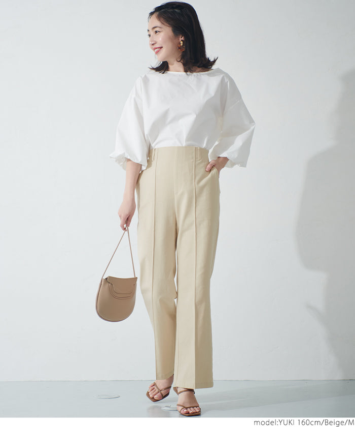 HB4★値下げ★1990→990円【メール便不可】フレアパンツ レディース ハイウエスト ウエストゴム ロング丈 アンクル丈 センターシーム ポケット 麻調 無地 M/L 21ss coca コカ