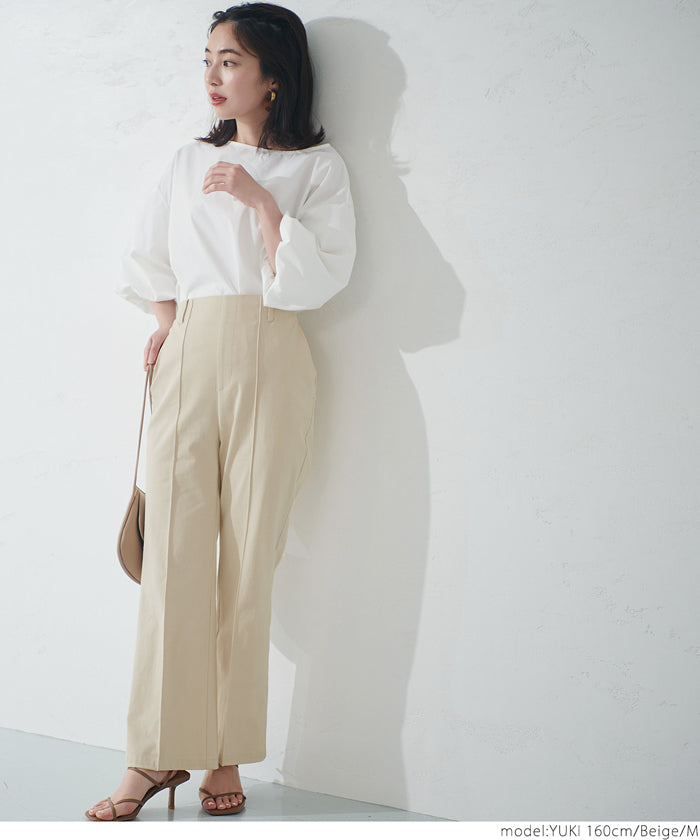 HB4★値下げ★1990→990円【メール便不可】フレアパンツ レディース ハイウエスト ウエストゴム ロング丈 アンクル丈 センターシーム ポケット 麻調 無地 M/L 21ss coca コカ