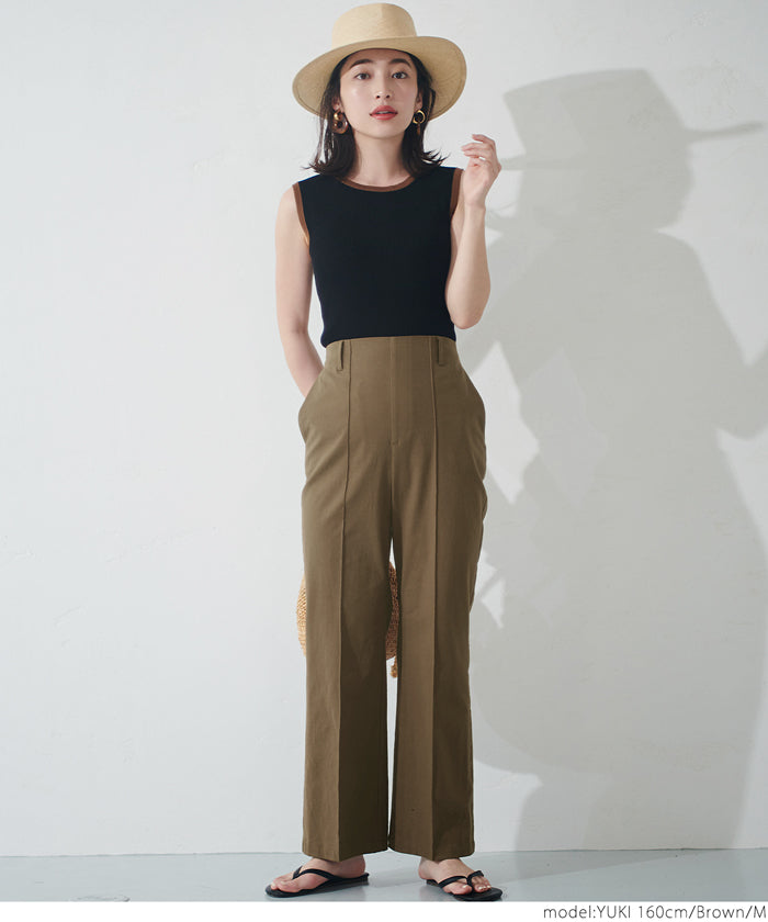 HB4★値下げ★1990→990円【メール便不可】フレアパンツ レディース ハイウエスト ウエストゴム ロング丈 アンクル丈 センターシーム ポケット 麻調 無地 M/L 21ss coca コカ