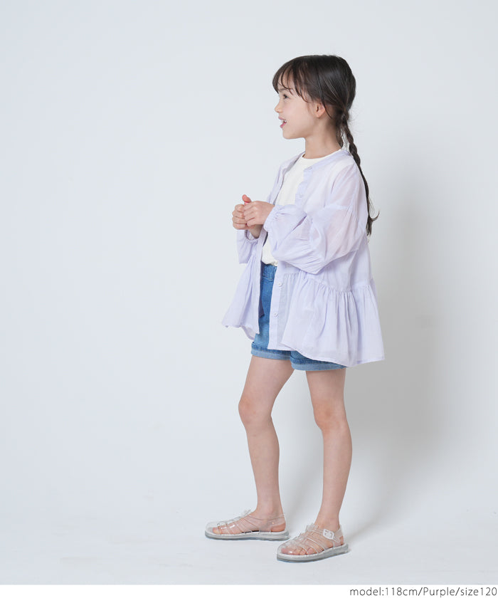 キッズ 100-140 ブラウス ティアード ガーゼ シアー バルーンスリーブ 綿100 コットン 長袖 親子お揃い 子供服 メール便可