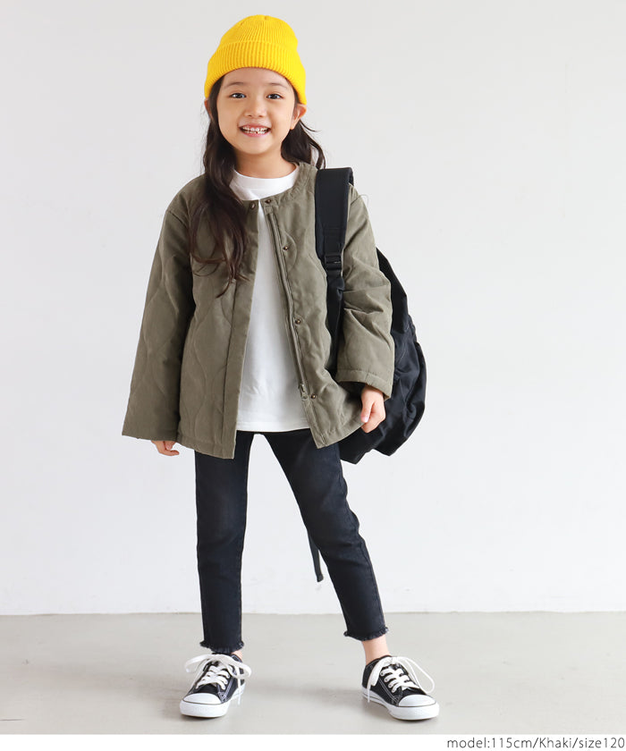 【キッズ100-130】子供服 キルティングコート キルト ノーカラー Aライン ボア 長袖 無地 男女兼用 親子お揃い メール便不可
