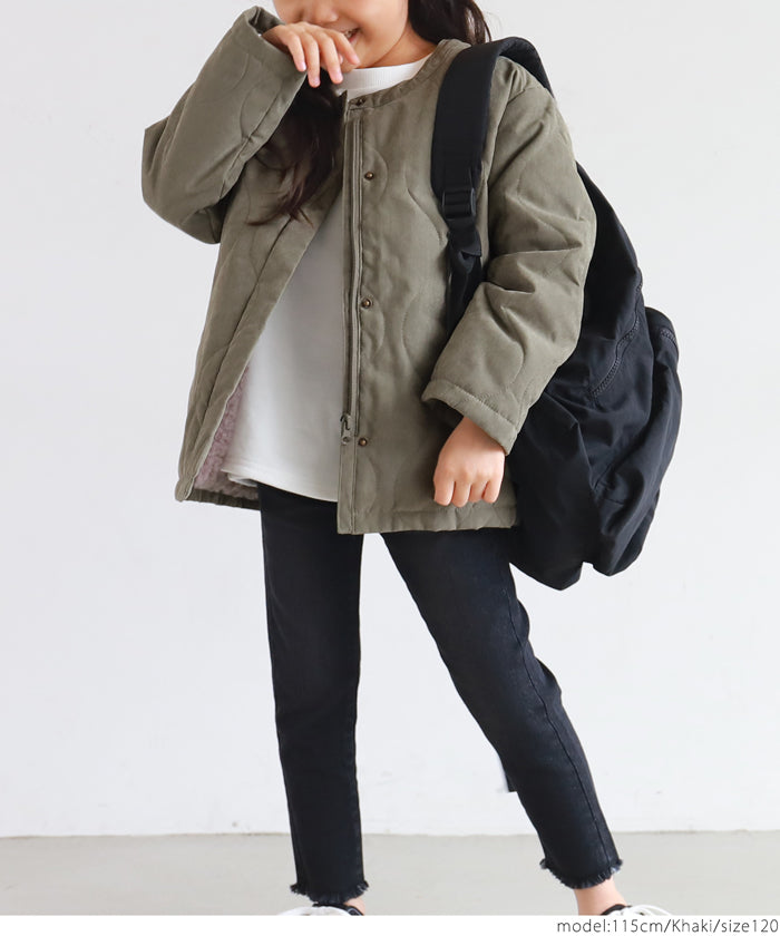 【キッズ100-130】子供服 キルティングコート キルト ノーカラー Aライン ボア 長袖 無地 男女兼用 親子お揃い メール便不可