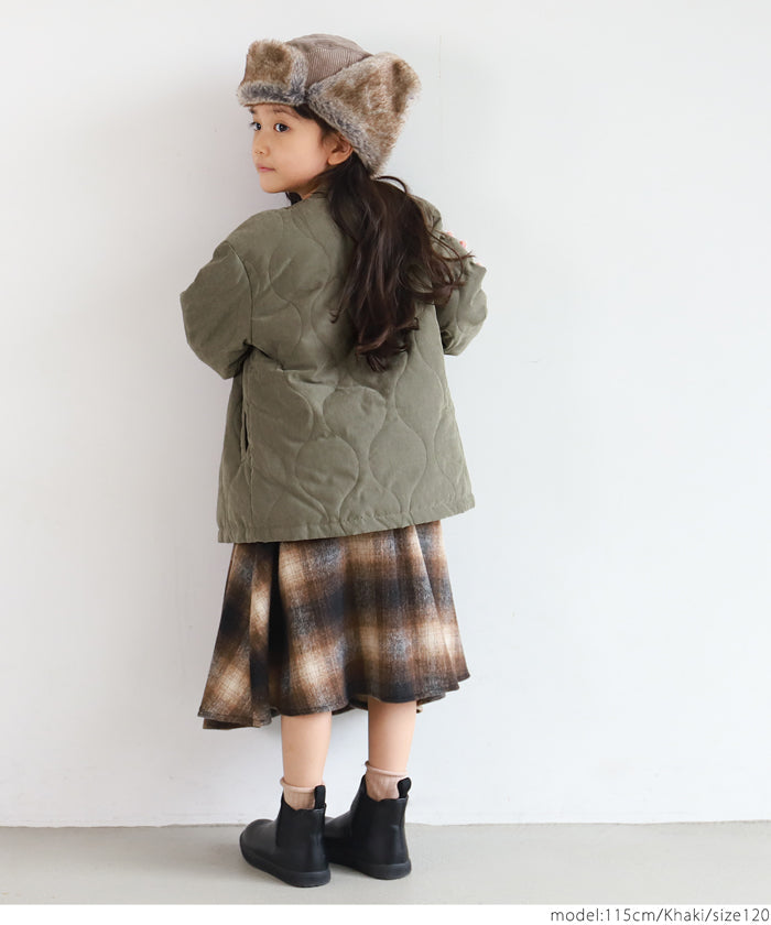 【キッズ100-130】子供服 キルティングコート キルト ノーカラー Aライン ボア 長袖 無地 男女兼用 親子お揃い メール便不可