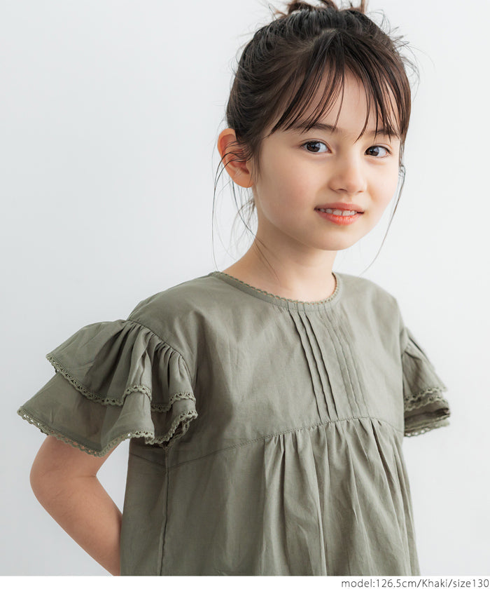 キッズ 100-140 ブラウス フリル レース 半袖 コットン ピンタック クルーネック ミディアム丈 無地 女の子 親子お揃い 子供服 メール便可 coca コカ