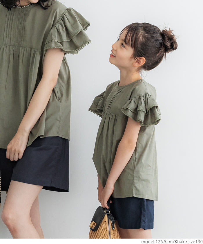 キッズ 100-140 ブラウス フリル レース 半袖 コットン ピンタック クルーネック ミディアム丈 無地 女の子 親子お揃い 子供服 メール便可 coca コカ