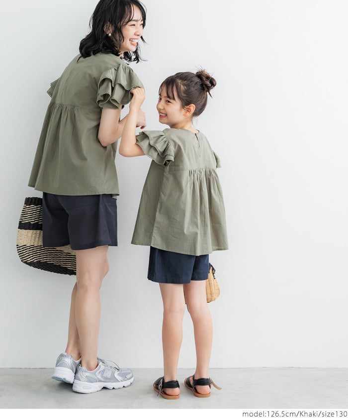 キッズ 100-140 ブラウス フリル レース 半袖 コットン ピンタック クルーネック ミディアム丈 無地 女の子 親子お揃い 子供服 メール便可 coca コカ
