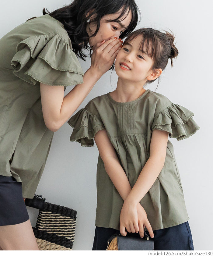 キッズ 100-140 ブラウス フリル レース 半袖 コットン ピンタック クルーネック ミディアム丈 無地 女の子 親子お揃い 子供服 メール便可 coca コカ