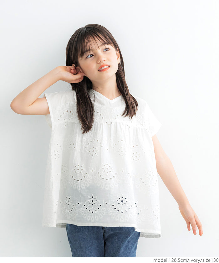 キッズ 100-140 ブラウス インド綿 カットワーク カットワーク 刺繍ブラウス 花柄 コットンタッチ 女の子 親子お揃い 子供服 メール便可 coca コカ