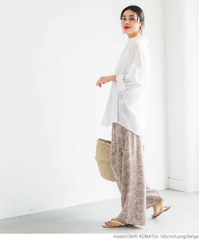 HB4★【メール便可】ワイドパンツ レディース ロング丈 ロングパンツ リーフ柄 ストレート 薄手 イージーパンツ 21ss coca コカ