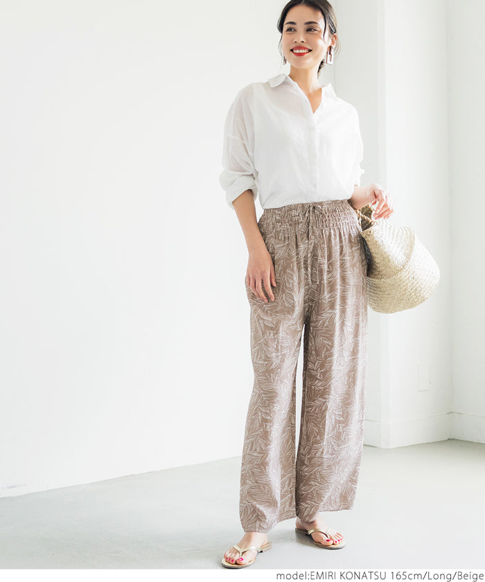 HB4★【メール便可】ワイドパンツ レディース ロング丈 ロングパンツ リーフ柄 ストレート 薄手 イージーパンツ 21ss coca コカ