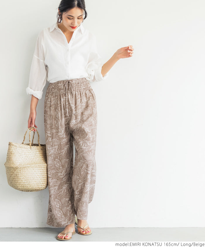HB4★【メール便可】ワイドパンツ レディース ロング丈 ロングパンツ リーフ柄 ストレート 薄手 イージーパンツ 21ss coca コカ