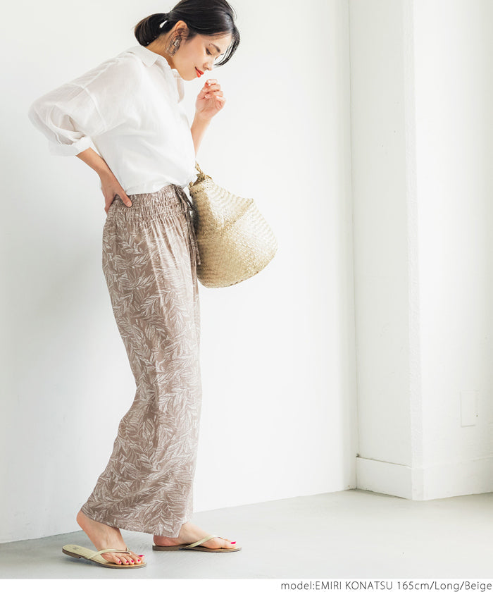 HB4★【メール便可】ワイドパンツ レディース ロング丈 ロングパンツ リーフ柄 ストレート 薄手 イージーパンツ 21ss coca コカ