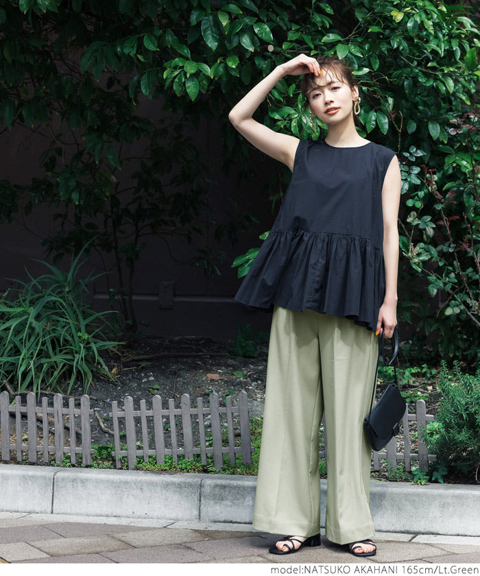 HB4★値下げ★2189円→1490円【メール便可】ワイドパンツ レディース タック ウエストゴム ポケット ロングパンツ センタープレス 無地 シンプル 21ss coca コ