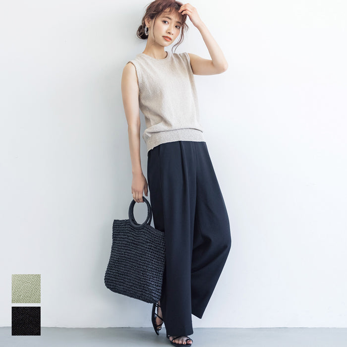 HB4★値下げ★2189円→1490円【メール便可】ワイドパンツ レディース タック ウエストゴム ポケット ロングパンツ センタープレス 無地 シンプル 21ss coca コ