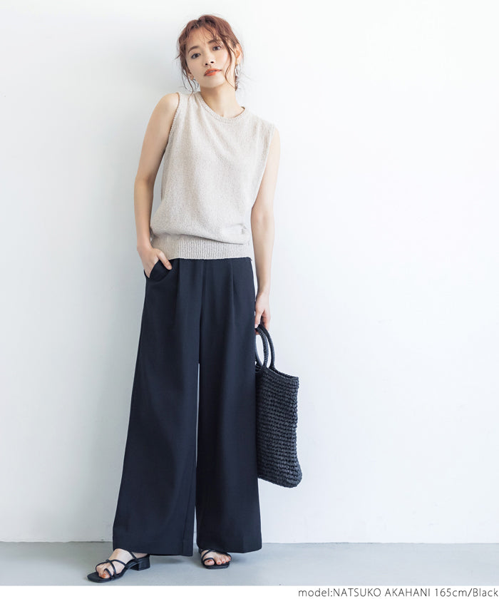 HB4★値下げ★2189円→1490円【メール便可】ワイドパンツ レディース タック ウエストゴム ポケット ロングパンツ センタープレス 無地 シンプル 21ss coca コ