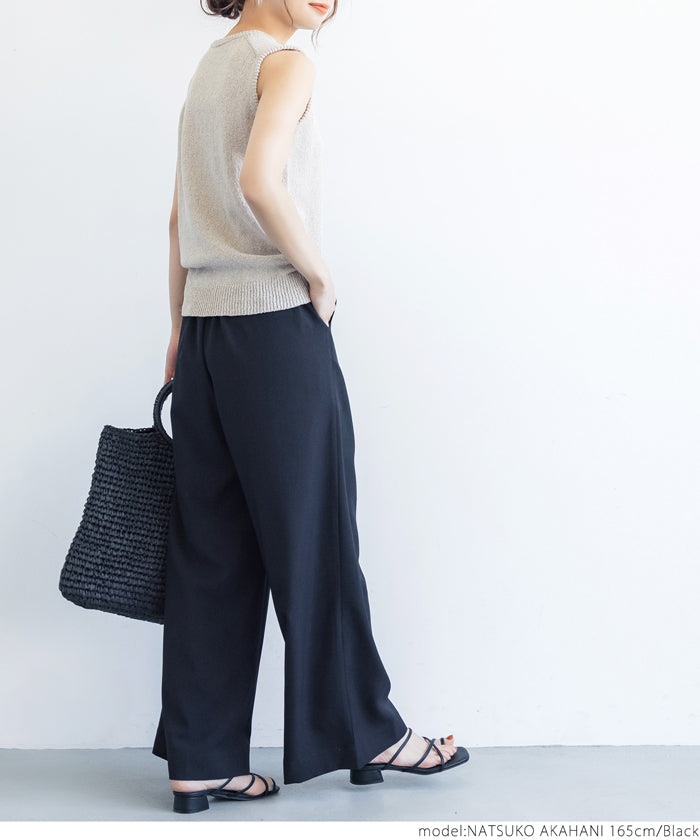 HB4★値下げ★2189円→1490円【メール便可】ワイドパンツ レディース タック ウエストゴム ポケット ロングパンツ センタープレス 無地 シンプル 21ss coca コ