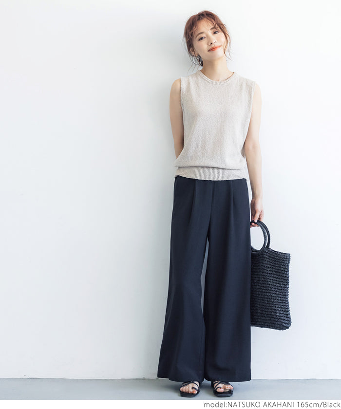 HB4★値下げ★2189円→1490円【メール便可】ワイドパンツ レディース タック ウエストゴム ポケット ロングパンツ センタープレス 無地 シンプル 21ss coca コ