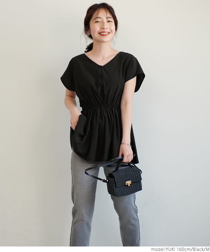 HB4★値下げ★2290円→990円【メール便可】トップス レディース フレンチスリーブ Vネック ギャザー フレア 切り替え Aライン ミディアム丈 無地 M/L 21ss coca コカ