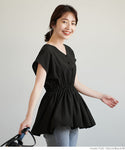 HB4★値下げ★2290円→990円【メール便可】トップス レディース フレンチスリーブ Vネック ギャザー フレア 切り替え Aライン ミディアム丈 無地 M/L 21ss coca コカ