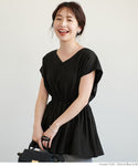 HB4★値下げ★2290円→990円【メール便可】トップス レディース フレンチスリーブ Vネック ギャザー フレア 切り替え Aライン ミディアム丈 無地 M/L 21ss coca コカ