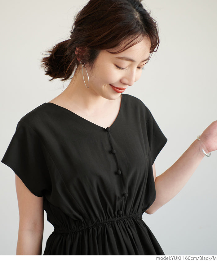 HB4★値下げ★2290円→990円【メール便可】トップス レディース フレンチスリーブ Vネック ギャザー フレア 切り替え Aライン ミディアム丈 無地 M/L 21ss coca コカ