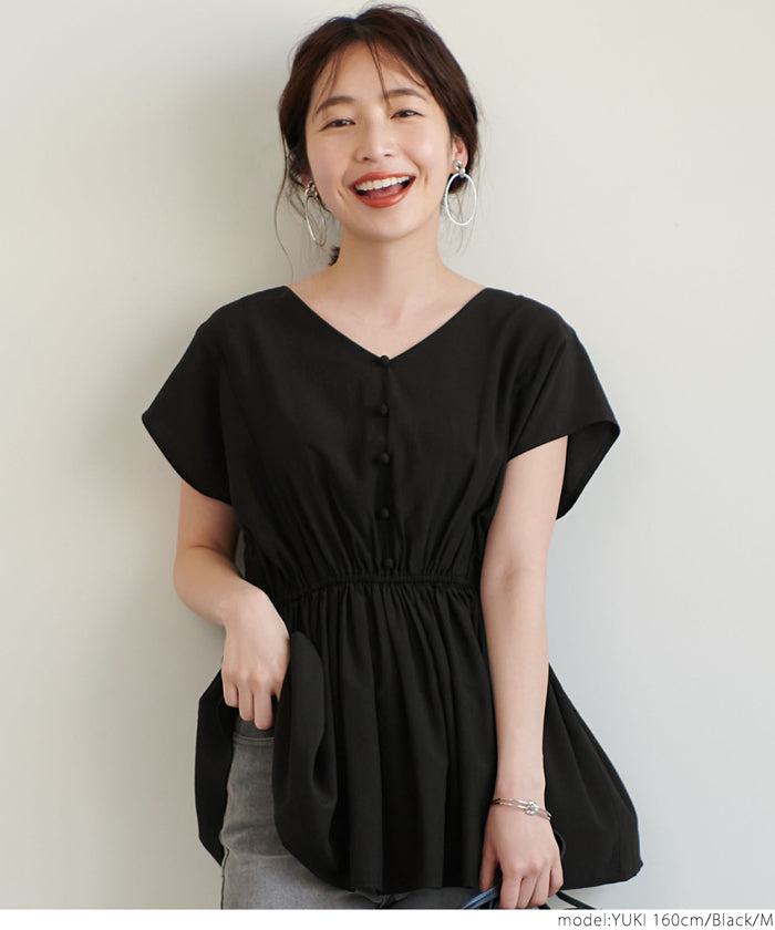 HB4★値下げ★2290円→990円【メール便可】トップス レディース フレンチスリーブ Vネック ギャザー フレア 切り替え Aライン ミディアム丈 無地 M/L 21ss coca コカ