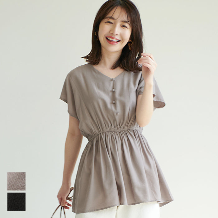 HB4★値下げ★2290円→990円【メール便可】トップス レディース フレンチスリーブ Vネック ギャザー フレア 切り替え Aライン ミディアム丈 無地 M/L 21ss coca コカ