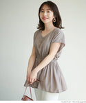 HB4★値下げ★2290円→990円【メール便可】トップス レディース フレンチスリーブ Vネック ギャザー フレア 切り替え Aライン ミディアム丈 無地 M/L 21ss coca コカ