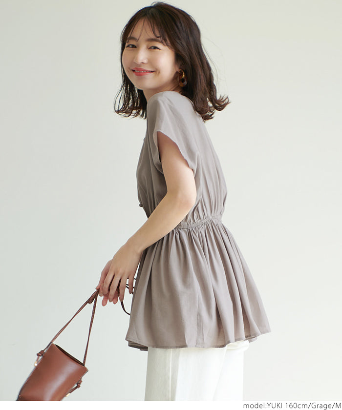 HB4★値下げ★2290円→990円【メール便可】トップス レディース フレンチスリーブ Vネック ギャザー フレア 切り替え Aライン ミディアム丈 無地 M/L 21ss coca コカ