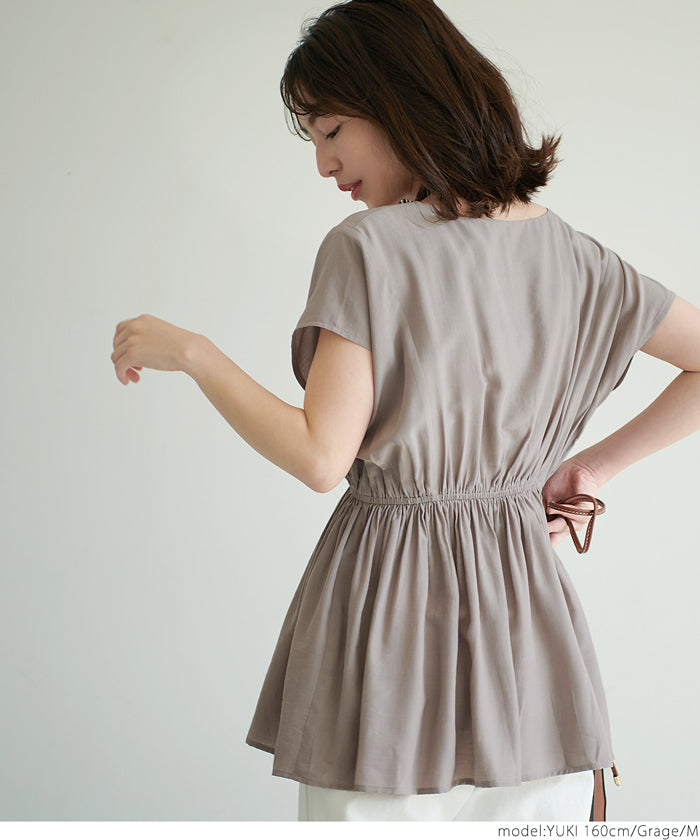 HB4★値下げ★2290円→990円【メール便可】トップス レディース フレンチスリーブ Vネック ギャザー フレア 切り替え Aライン ミディアム丈 無地 M/L 21ss coca コカ