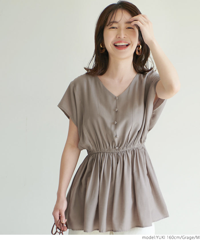 HB4★値下げ★2290円→990円【メール便可】トップス レディース フレンチスリーブ Vネック ギャザー フレア 切り替え Aライン ミディアム丈 無地 M/L 21ss coca コカ