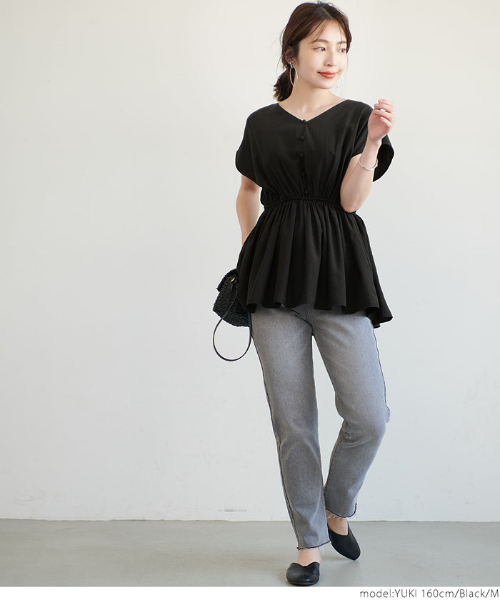 HB4★値下げ★2290円→990円【メール便可】トップス レディース フレンチスリーブ Vネック ギャザー フレア 切り替え Aライン ミディアム丈 無地 M/L 21ss coca コカ