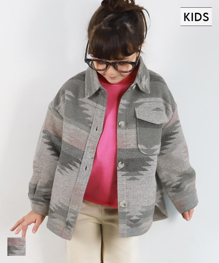 セール★2690円→1490円 キッズ100-130 子供服 オルテガジャケット オーバーサイズ ヘビーネル 長袖 ポケット ボタン エスニック 男女兼用 親子お揃い メール便不可 coca