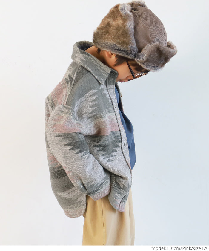 セール★2690円→1490円 キッズ100-130 子供服 オルテガジャケット オーバーサイズ ヘビーネル 長袖 ポケット ボタン エスニック 男女兼用 親子お揃い メール便不可 coca