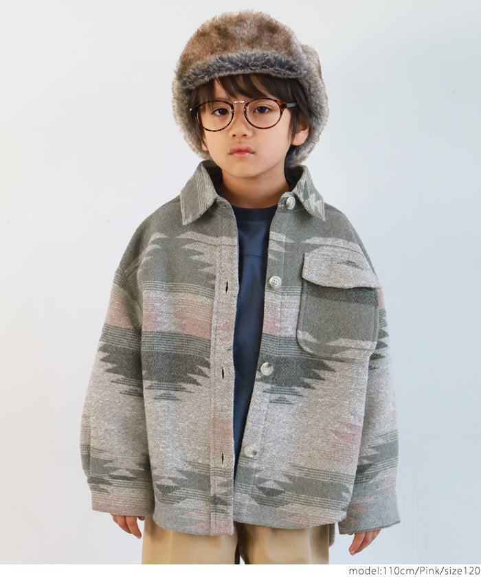 セール★2690円→1490円 キッズ100-130 子供服 オルテガジャケット オーバーサイズ ヘビーネル 長袖 ポケット ボタン エスニック 男女兼用 親子お揃い メール便不可 coca