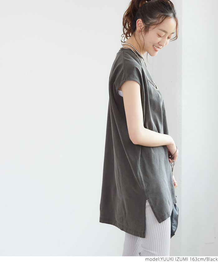 HB4★【メール便可】チュニック レディース カットソー ピグメント ウォッシュ加工 ユーズド風 フレンチスリーブ 綿100％ コットン 全4色 20ss
