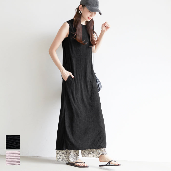 HB4★値下げ★1859円→550円【メール便不可】ワンピース レディース 細プリーツ フレンチスリーブ メロウ ロング丈 ミモレ丈 Iライン ボートネック 無地 21ss coca コカ