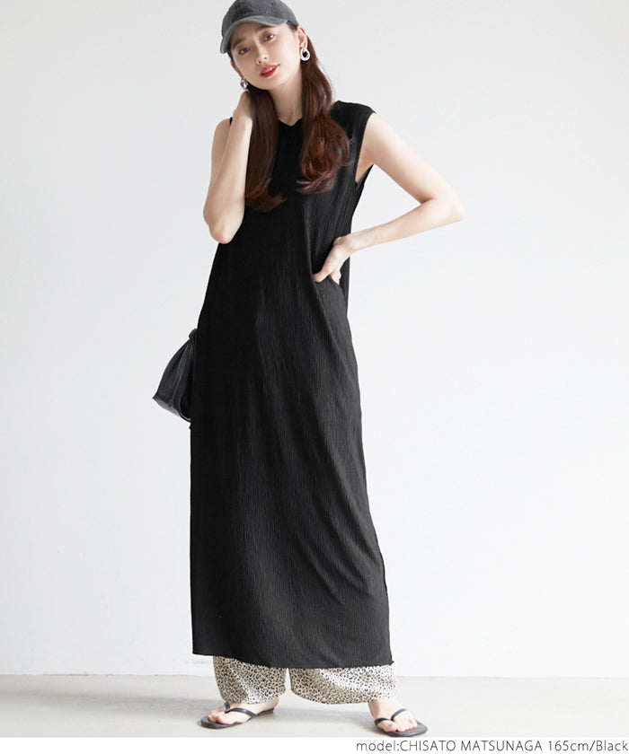 HB4★値下げ★1859円→550円【メール便不可】ワンピース レディース 細プリーツ フレンチスリーブ メロウ ロング丈 ミモレ丈 Iライン ボートネック 無地 21ss coca コカ