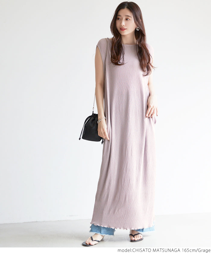 HB4★値下げ★1859円→550円【メール便不可】ワンピース レディース 細プリーツ フレンチスリーブ メロウ ロング丈 ミモレ丈 Iライン ボートネック 無地 21ss coca コカ