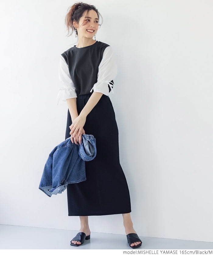 HB4★値下げ★1690円→1290円【メール便可】ドッキングＴシャツ レディース 袖シャツ バルーンスリーブ 袖コンシャス 異素材 切替え リボン ラウンドネック 21ss coca