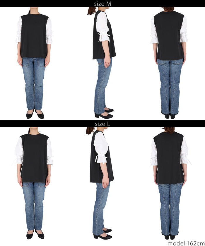 HB4★値下げ★1690円→1290円【メール便可】ドッキングＴシャツ レディース 袖シャツ バルーンスリーブ 袖コンシャス 異素材 切替え リボン ラウンドネック 21ss coca