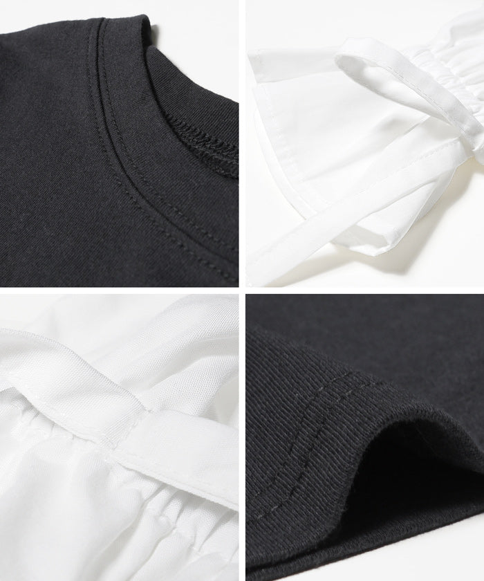HB4★値下げ★1690円→1290円【メール便可】ドッキングＴシャツ レディース 袖シャツ バルーンスリーブ 袖コンシャス 異素材 切替え リボン ラウンドネック 21ss coca