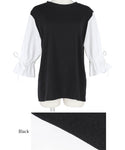 HB4★値下げ★1690円→1290円【メール便可】ドッキングＴシャツ レディース 袖シャツ バルーンスリーブ 袖コンシャス 異素材 切替え リボン ラウンドネック 21ss coca