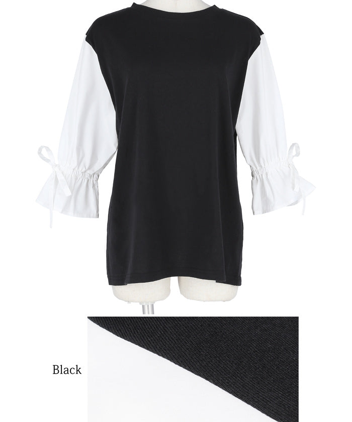 HB4★値下げ★1690円→1290円【メール便可】ドッキングＴシャツ レディース 袖シャツ バルーンスリーブ 袖コンシャス 異素材 切替え リボン ラウンドネック 21ss coca