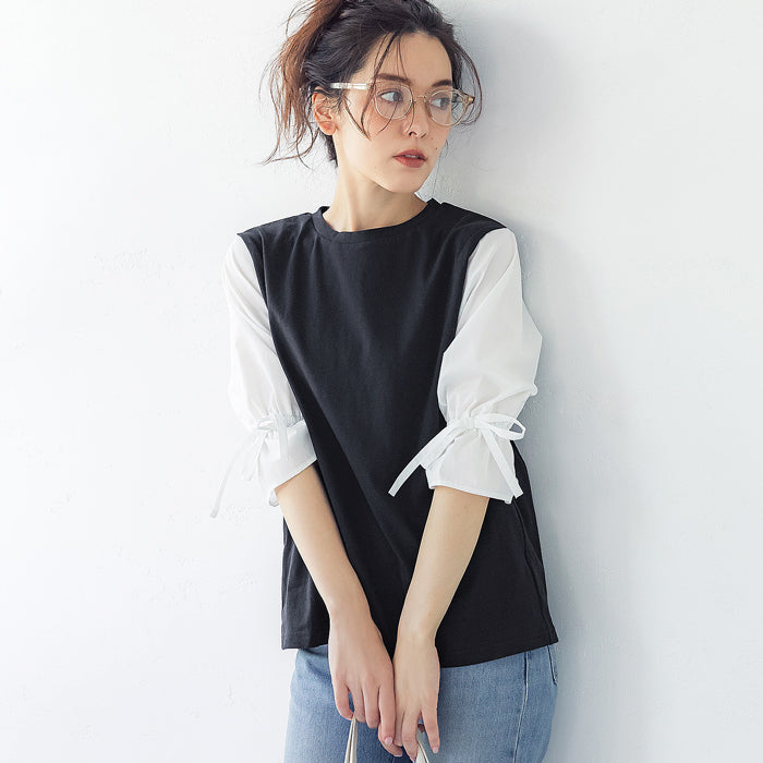 HB4★値下げ★1690円→1290円【メール便可】ドッキングＴシャツ レディース 袖シャツ バルーンスリーブ 袖コンシャス 異素材 切替え リボン ラウンドネック 21ss coca