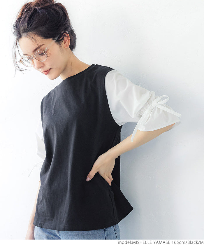 HB4★値下げ★1690円→1290円【メール便可】ドッキングＴシャツ レディース 袖シャツ バルーンスリーブ 袖コンシャス 異素材 切替え リボン ラウンドネック 21ss coca