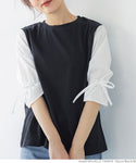 HB4★値下げ★1690円→1290円【メール便可】ドッキングＴシャツ レディース 袖シャツ バルーンスリーブ 袖コンシャス 異素材 切替え リボン ラウンドネック 21ss coca